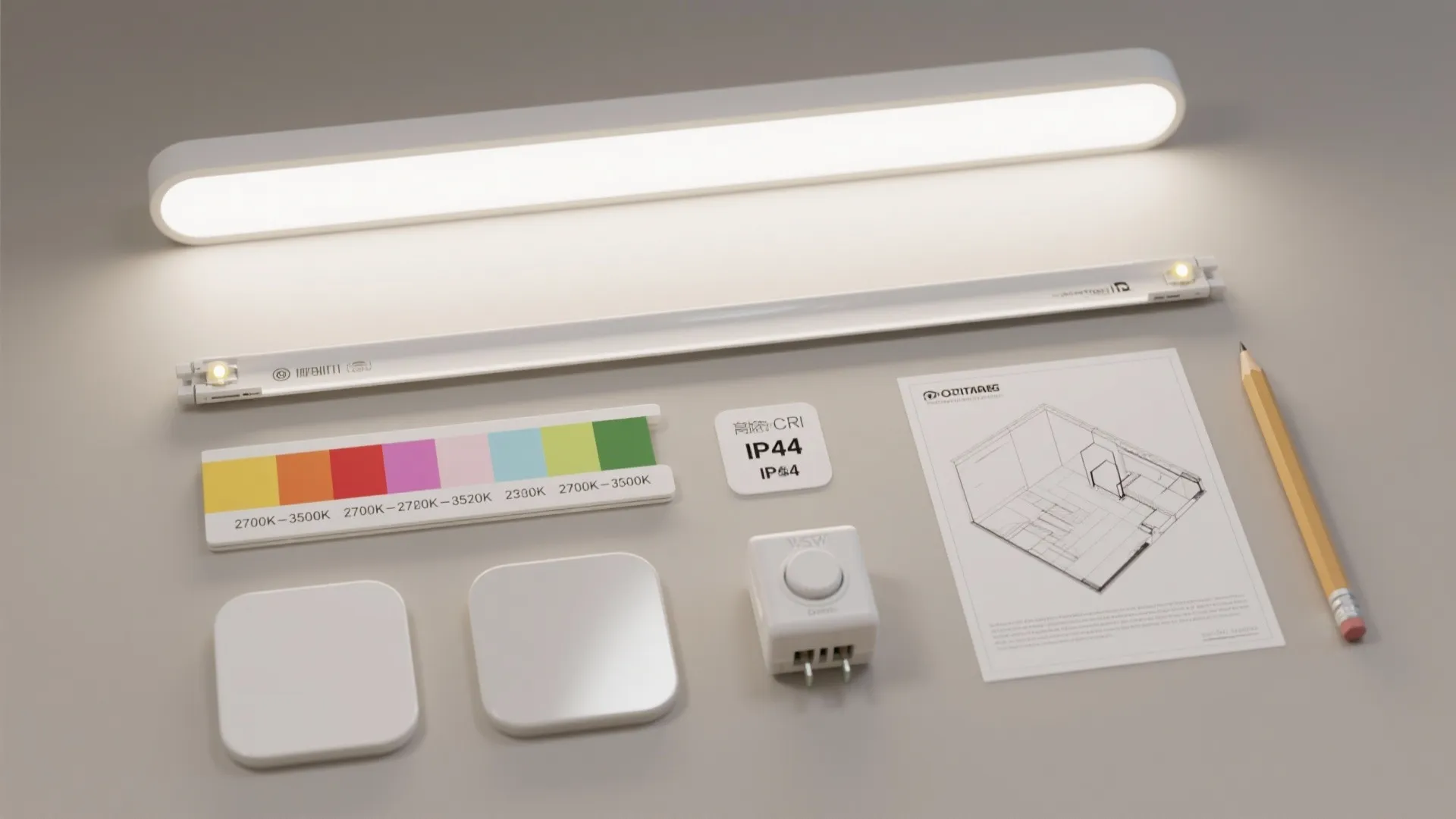 Flatlay of LED strips, color temperature swatches, finish samples and a mini floor plan.