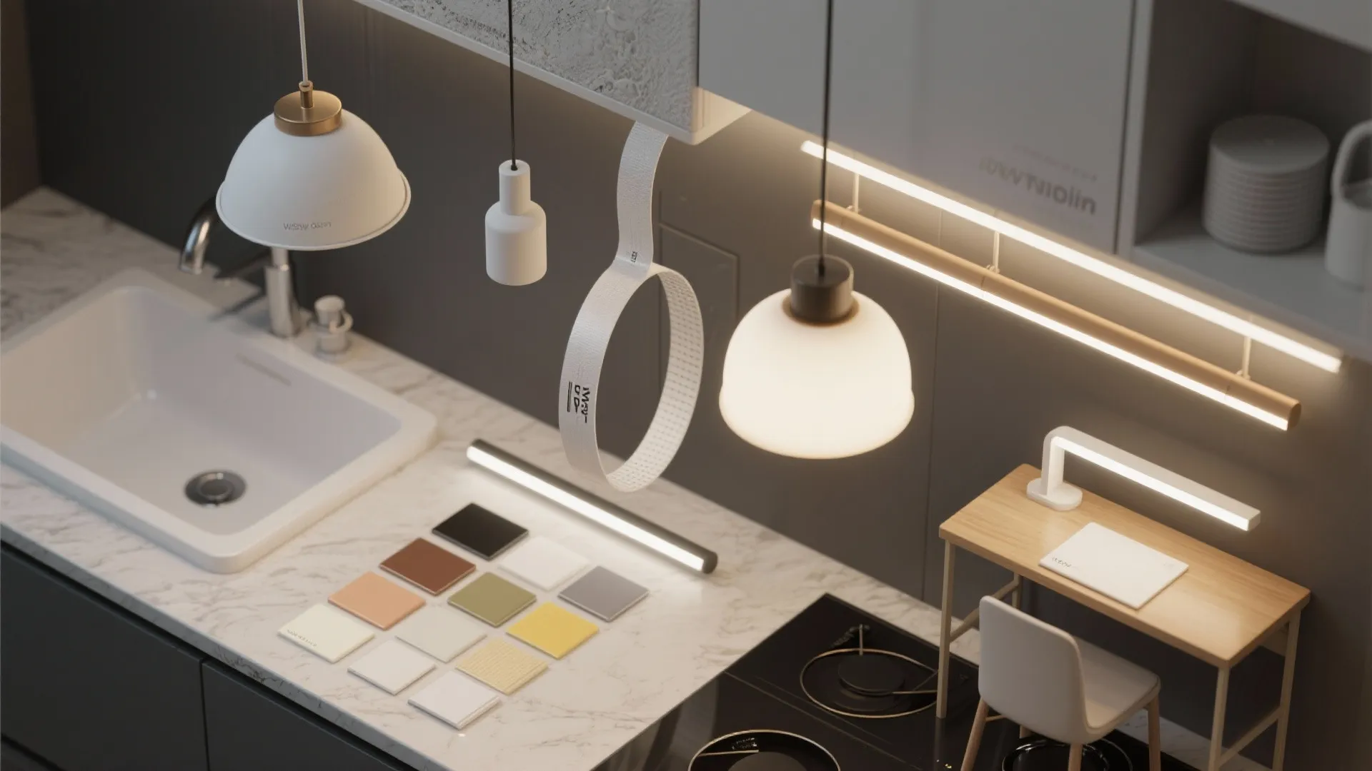 Flatlay of layered lighting options and swatches for kitchen and bathroom design planning.