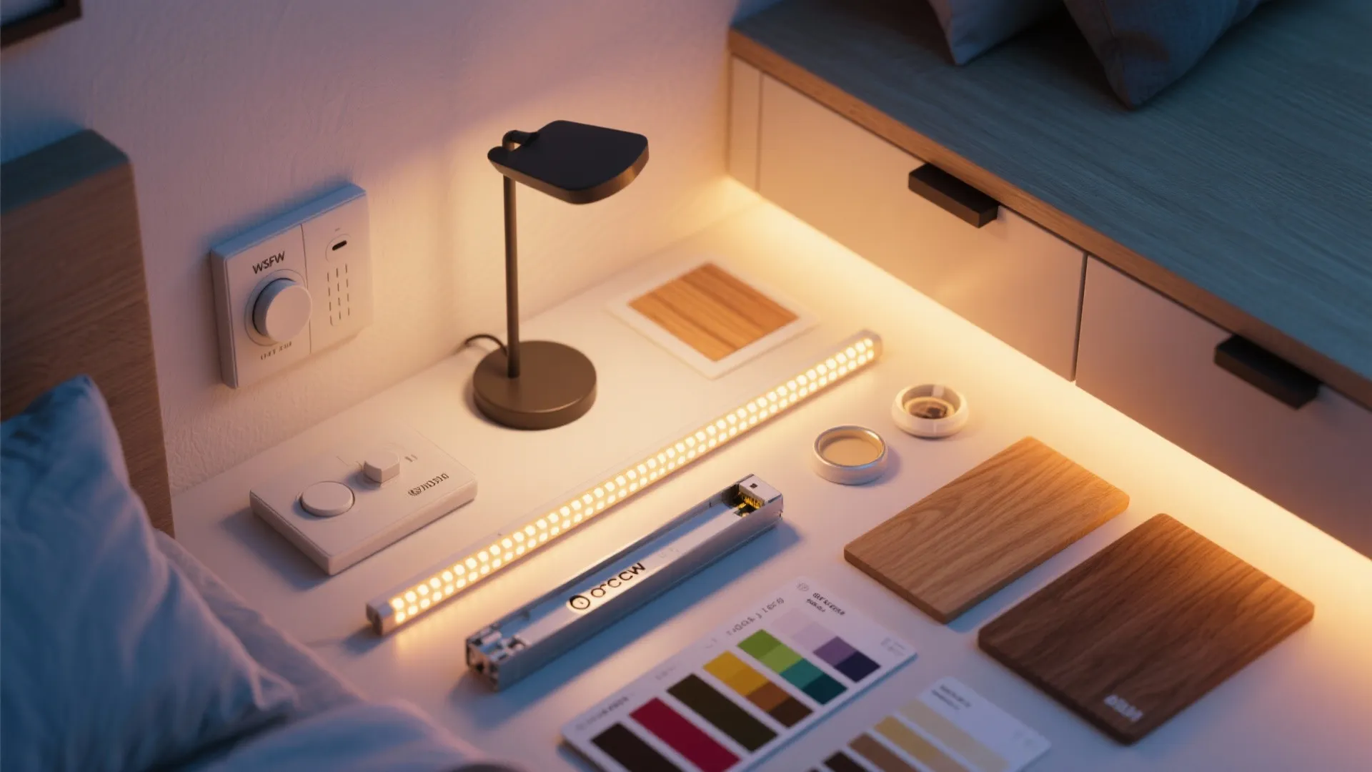 Flatlay of lighting samples and material swatches for layered ambience in an ADU