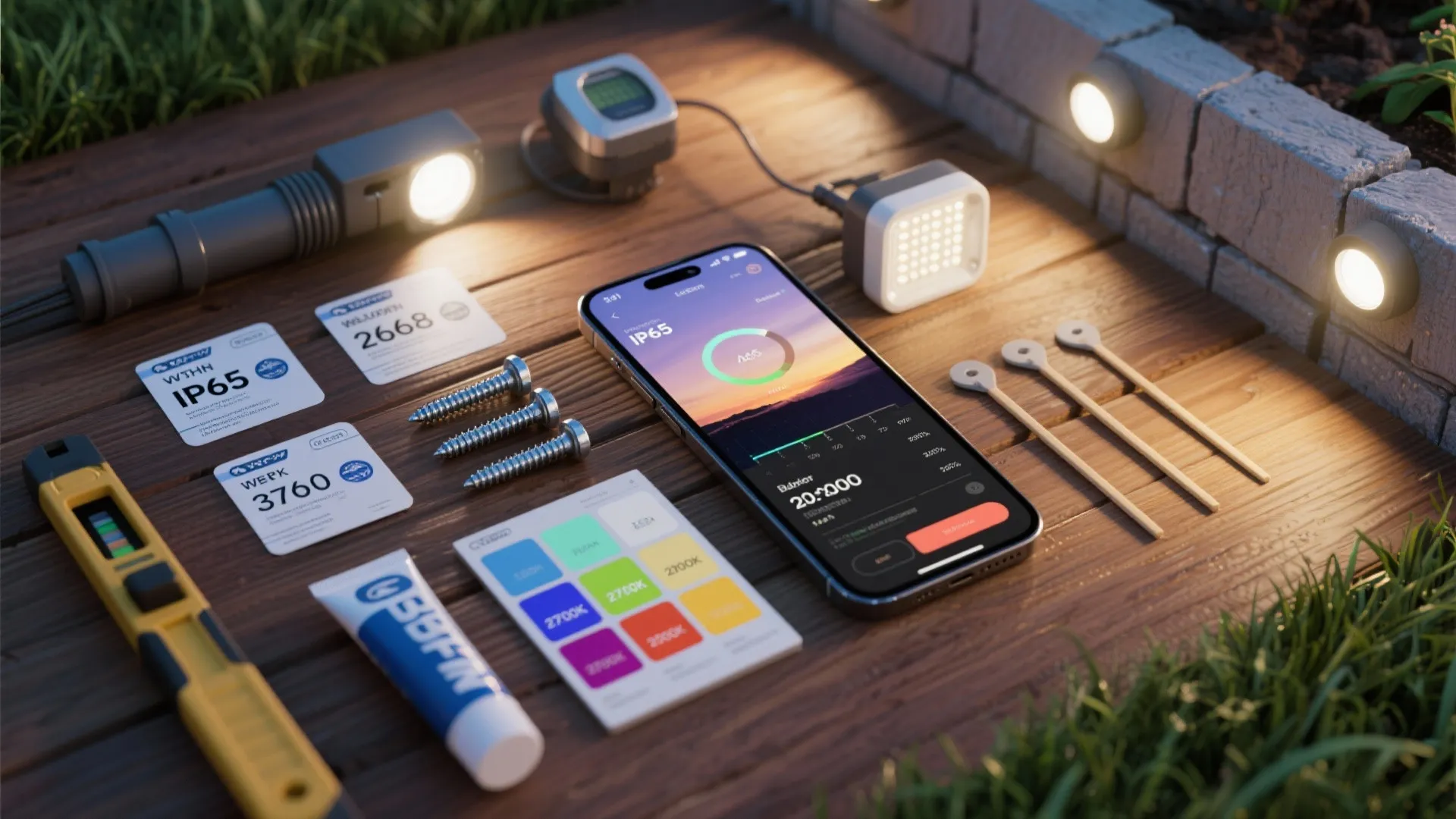 Flat lay of outdoor lighting tools including phone app screws color cards and light fixtures