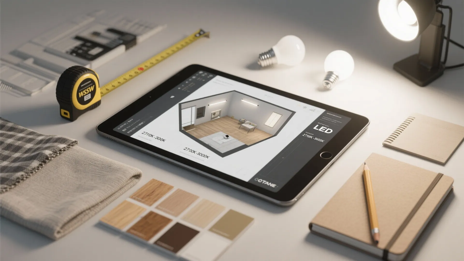 Flatlay of lighting planning tools including tape measure, LED samples, and 3D planner on tablet