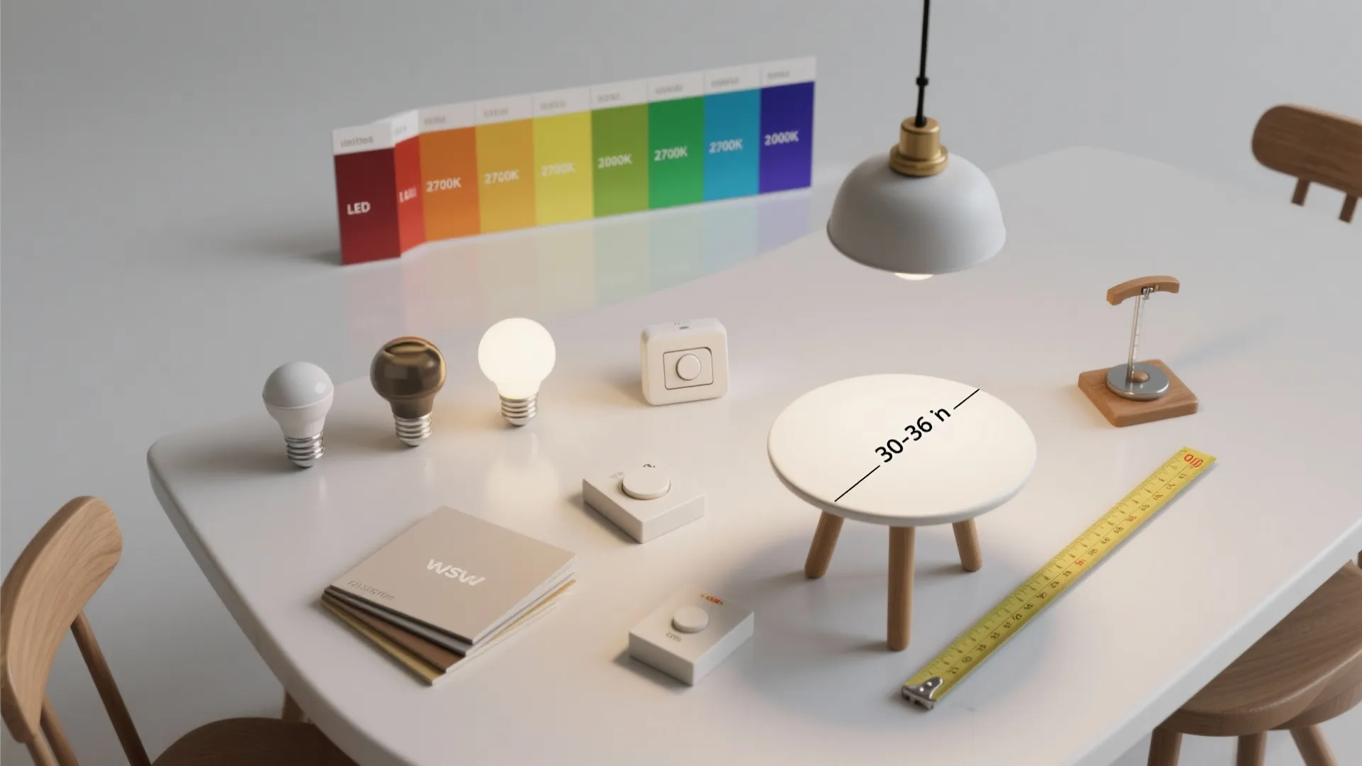 Table display of light bulbs color temperature chart light switches a ruler and small furniture