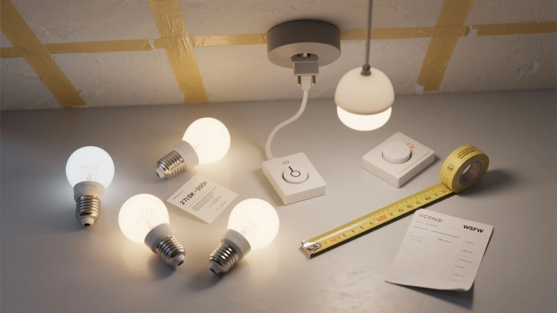 Light bulbs and measuring tape on a table with warm light fixtures for home renovation