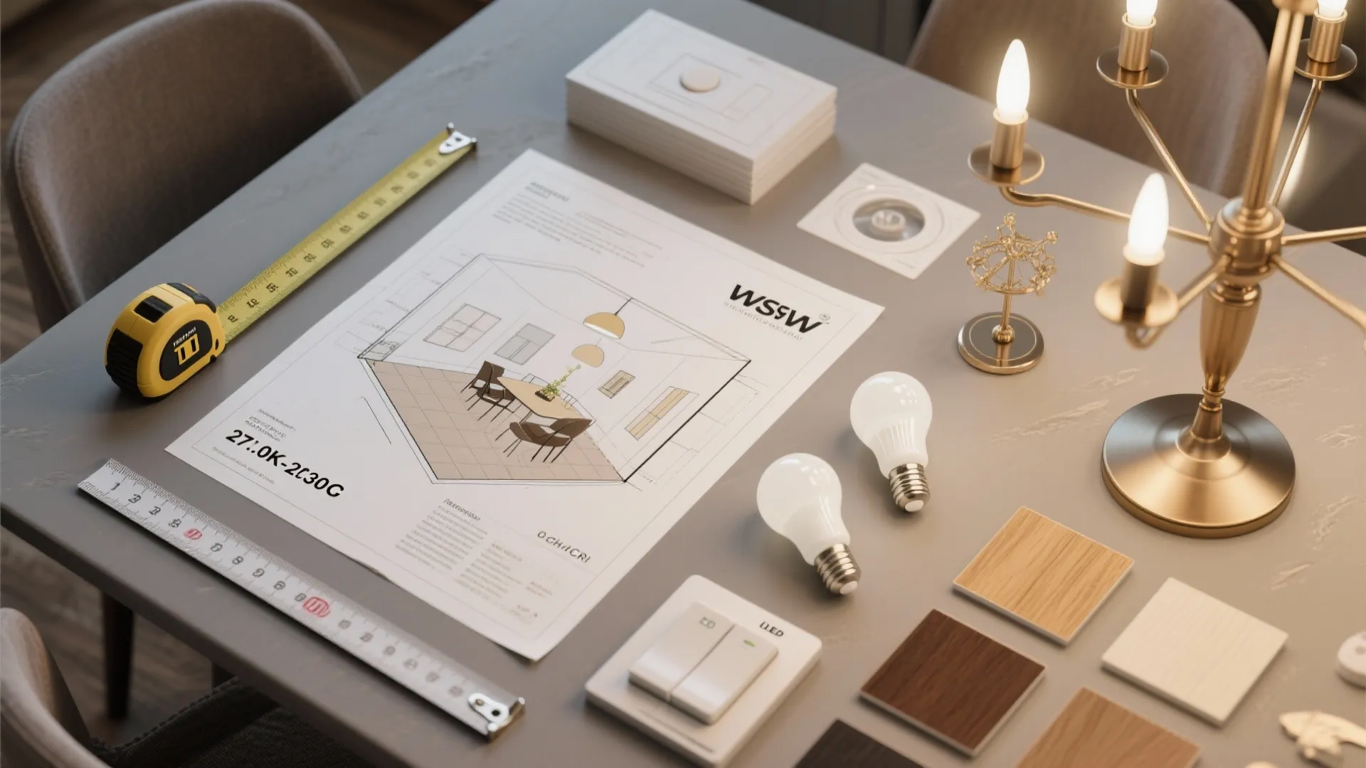 Top-down flatlay of lighting planning tools, dimmer switch, LED bulbs and finish swatches.