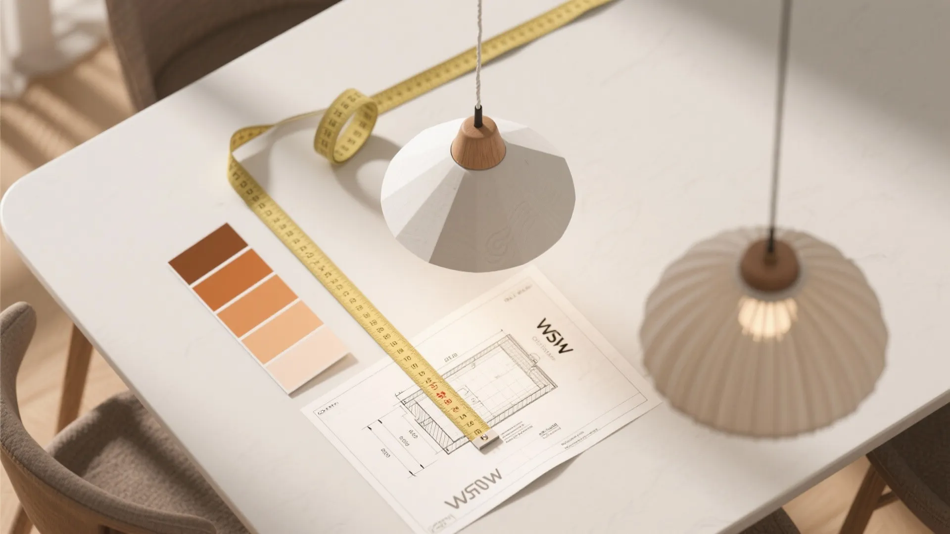 Flatlay of measuring tools, paper pendant mock-up, and swatches for planning dining lighting scale.