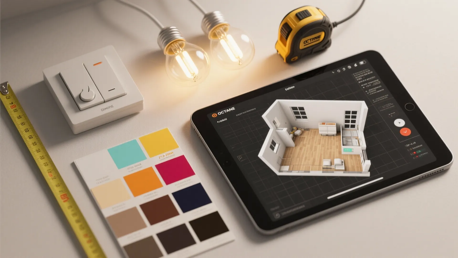 Tablet showing a 3D room layout design with light bulbs color swatches and measuring tape