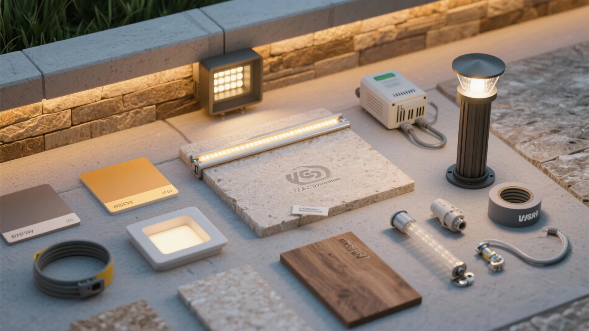 Collection of various outdoor light fixtures and building materials organized neatly on a flat surface