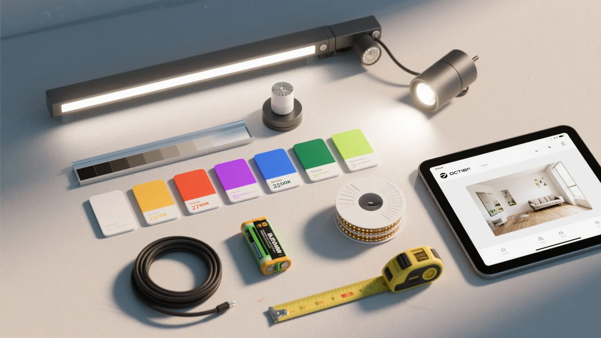 Table flat lay with light fixture, color cards, tape measure, and tablet showing interior design