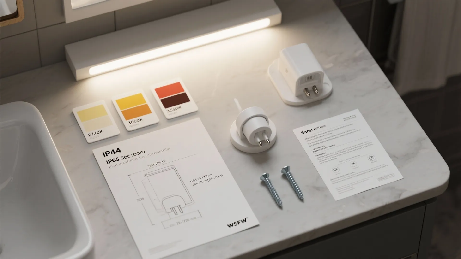 Lighting design flatlay with light fixture color samples technical drawings screws and plugs on marble