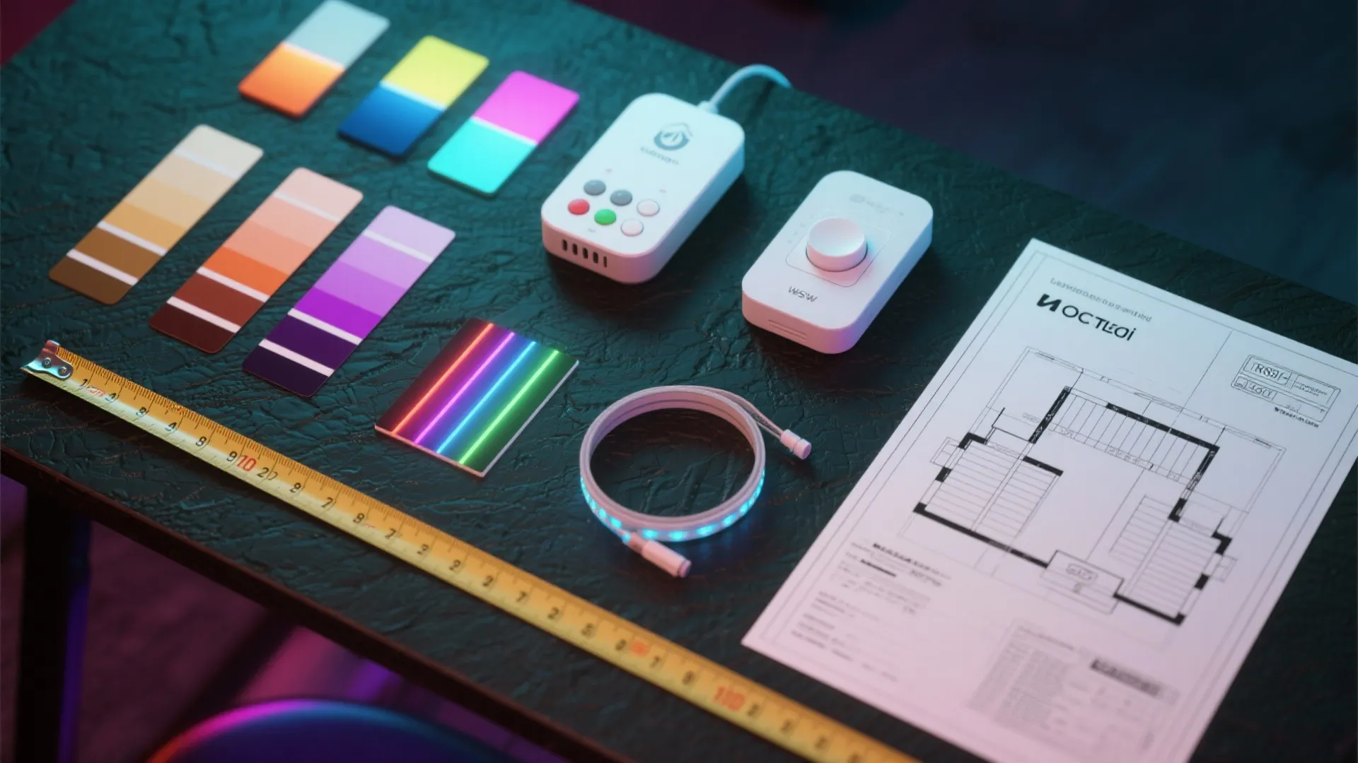Flatlay of LED color swatches, RGB controller, smart hub, dimmer and planner tools for game room lighting.