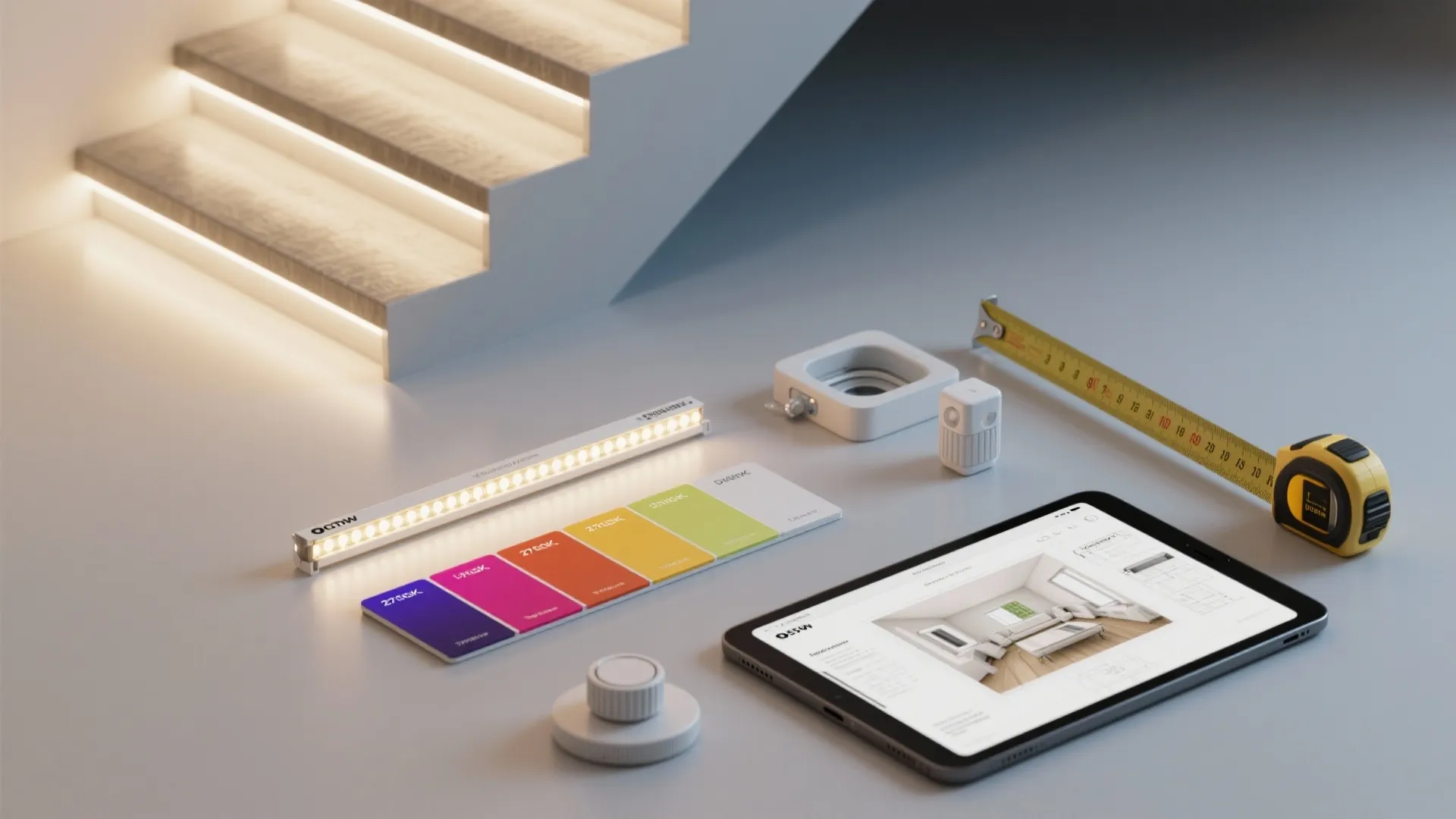 Flatlay of stair lighting samples: color swatches, dimmer, LED strip, recessed housing, and planner tablet.