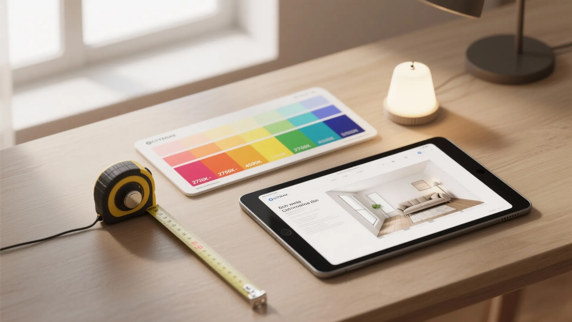 Flatlay of color temperature swatches, dimmer, tape measure and room-planner tablet for art lighting