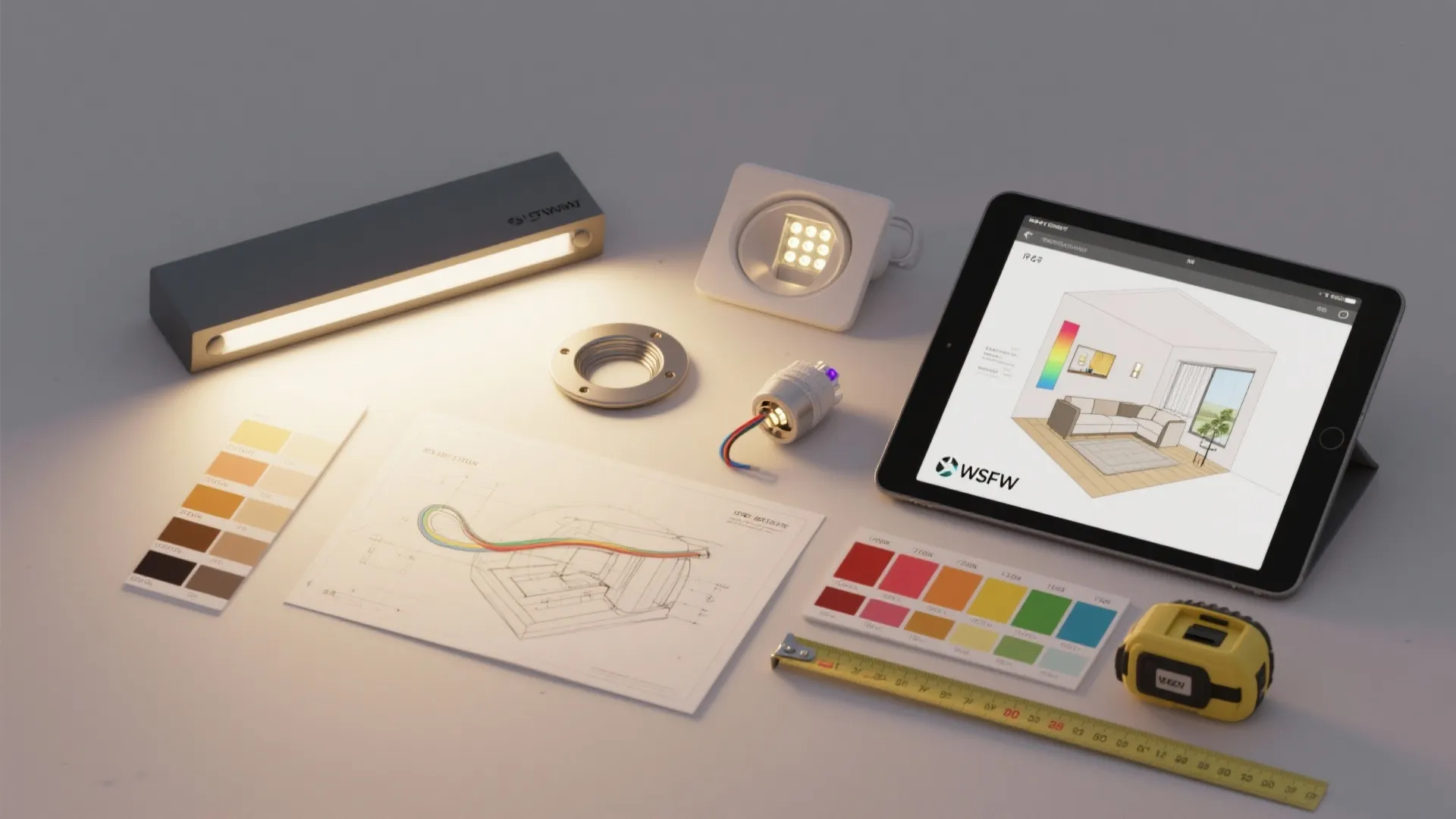 Flatlay of outdoor lighting samples, tools, and color swatches for planning exterior LEDs.