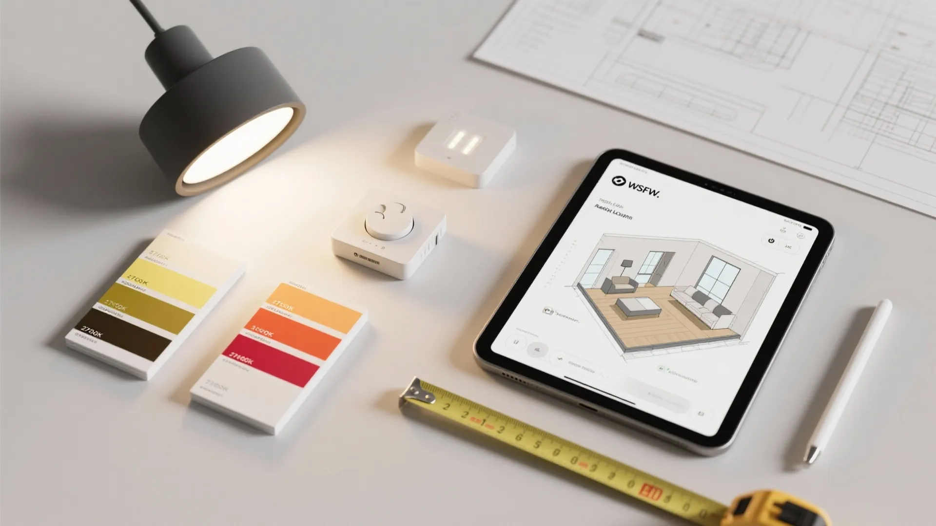 Interior design tools with tablet showing room layout color samples light fixture and measuring tape