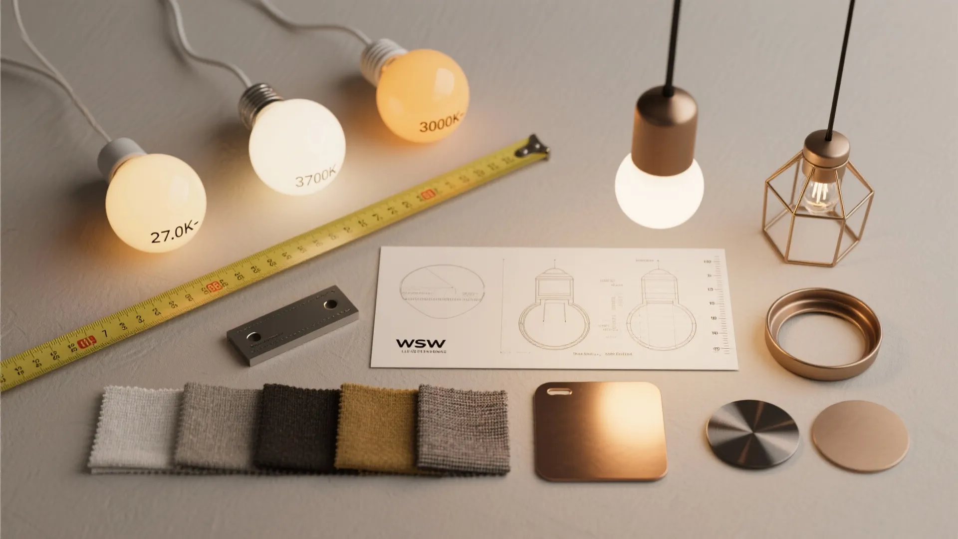Top-down flatlay of lighting samples, tools, and finish swatches illustrating tips for scale and bulb selection.