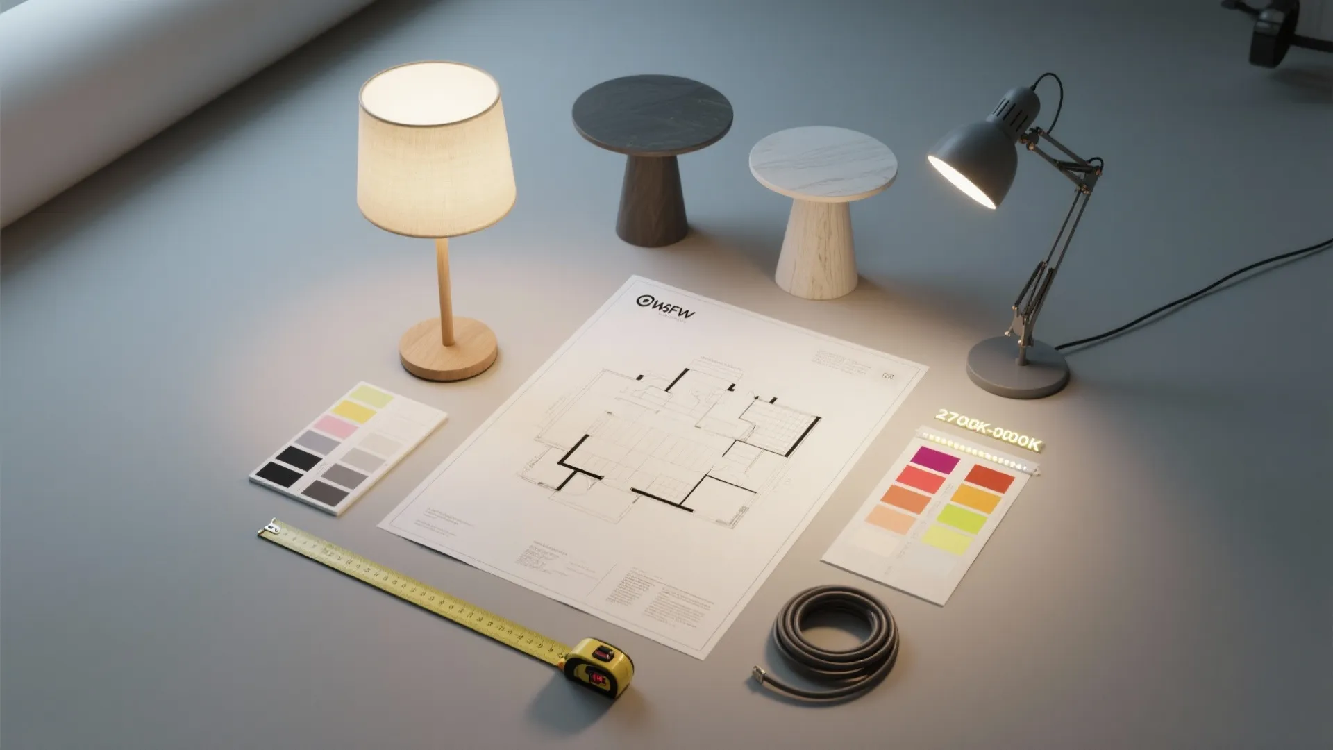 Floor plan drawing on desk with two ceiling lights color swatches and a yellow tape measure