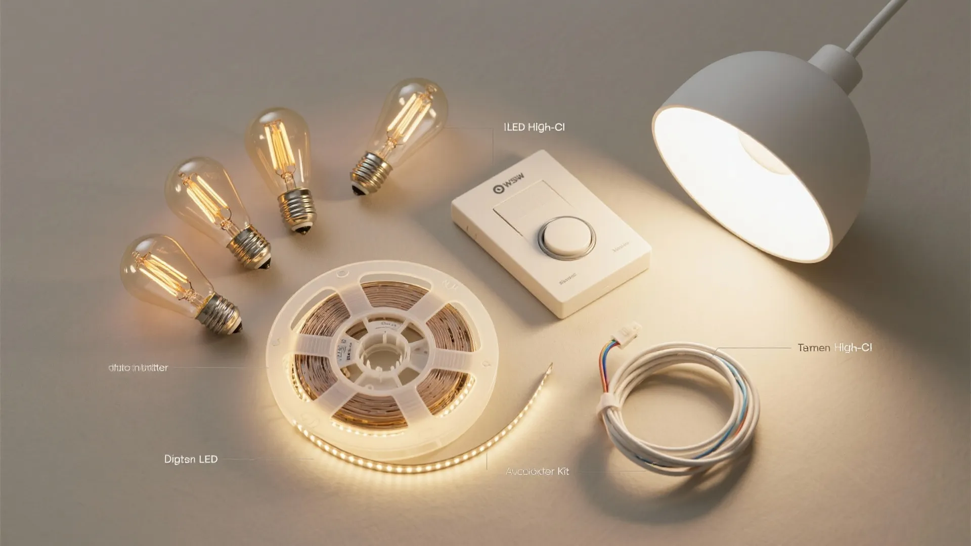 Flatlay of bulbs, dimmer panel, LED tape and pendant sample for budget lighting tips