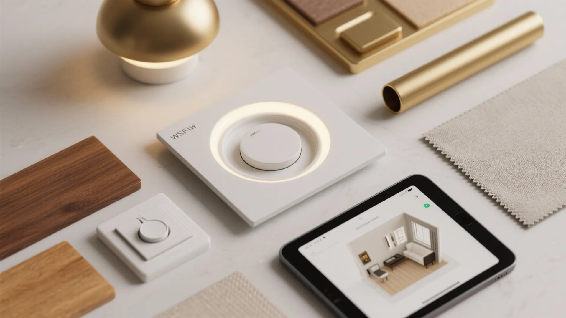 Flatlay of integrated LED fixture sample, dimmer, and finish swatches for small-space lighting decisions