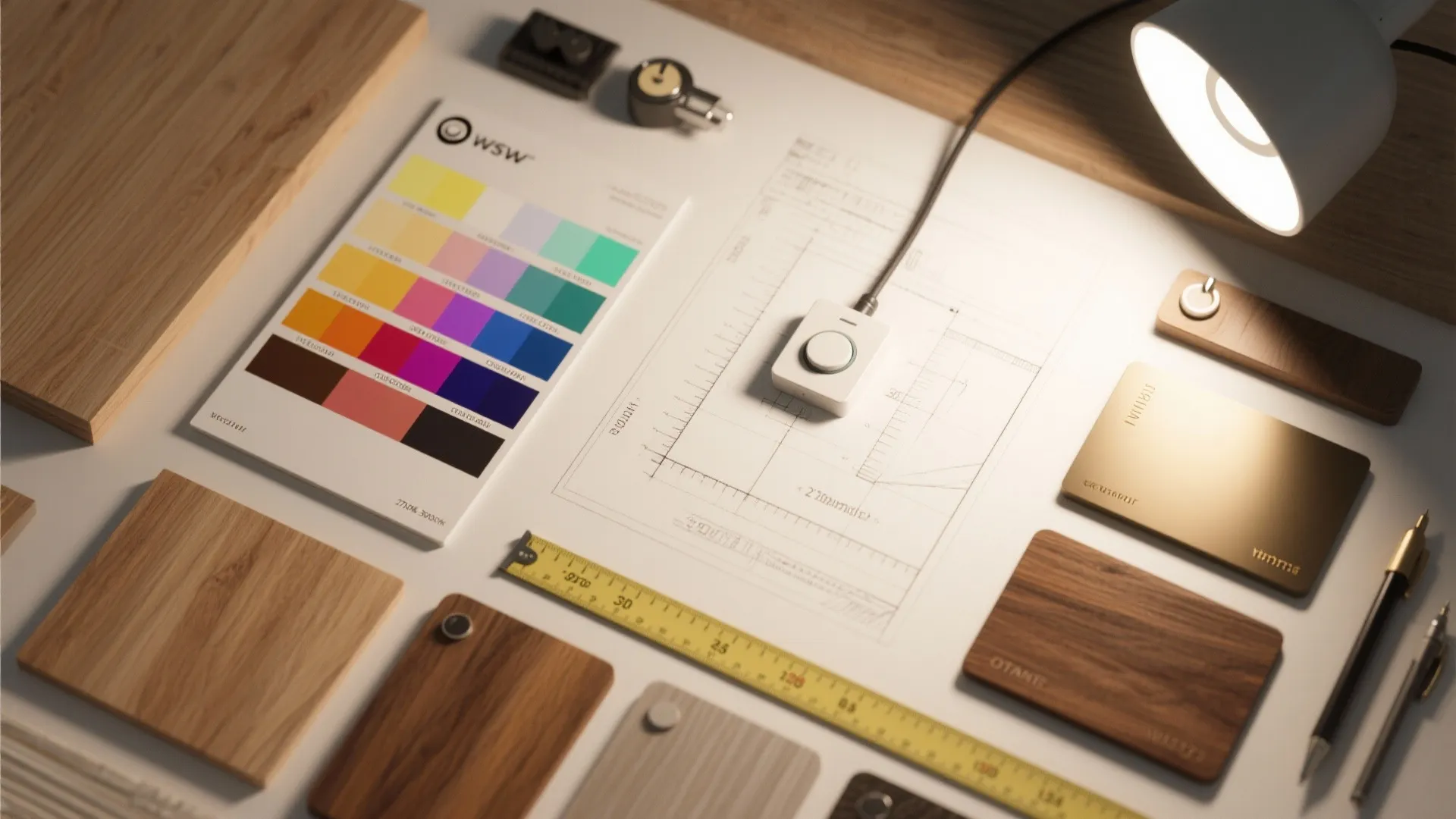 Interior design planning desk with wood samples color palette floor plan and small desk lamp