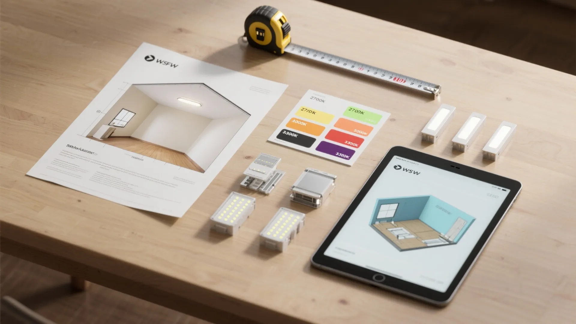 Top-down flatlay of lighting planning tools: tape measure, color temperature swatches, LED samples, and a 3D planner on tablet.