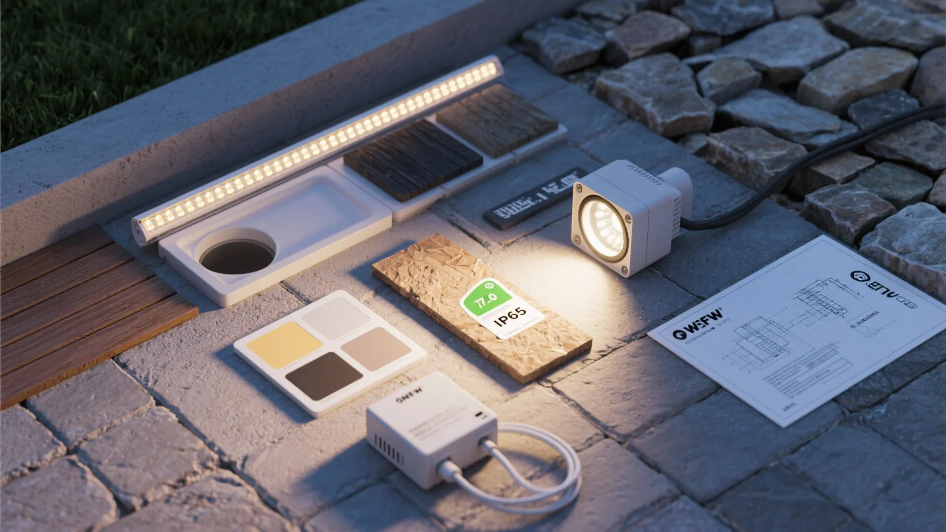Outdoor lighting materials including led strips light fixture color samples and technical drawing on stone