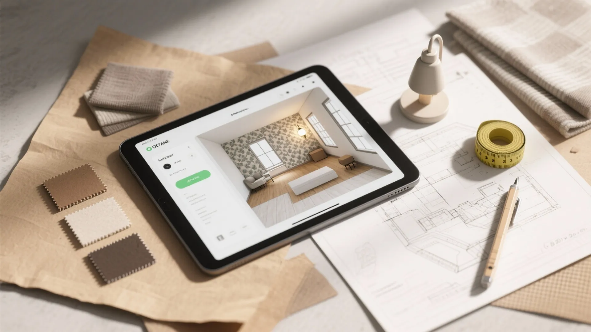 Flatlay with a tablet showing a 3D floor planner, fabric swatches, sketches and a miniature sconce model for placement planning.