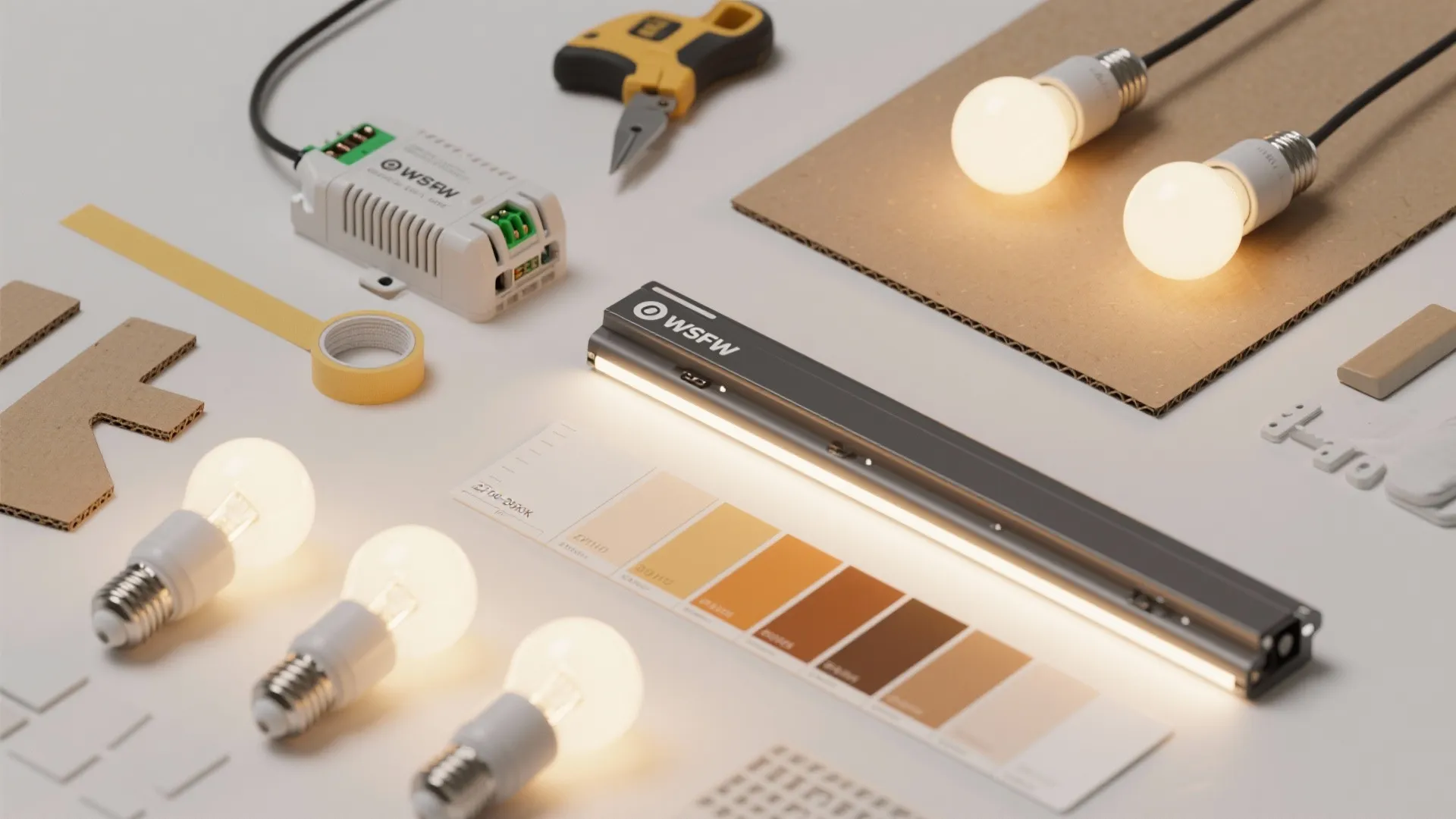 Flatlay of warm LED bulbs, dimmable driver, track samples and cardboard mockups for lighting planning