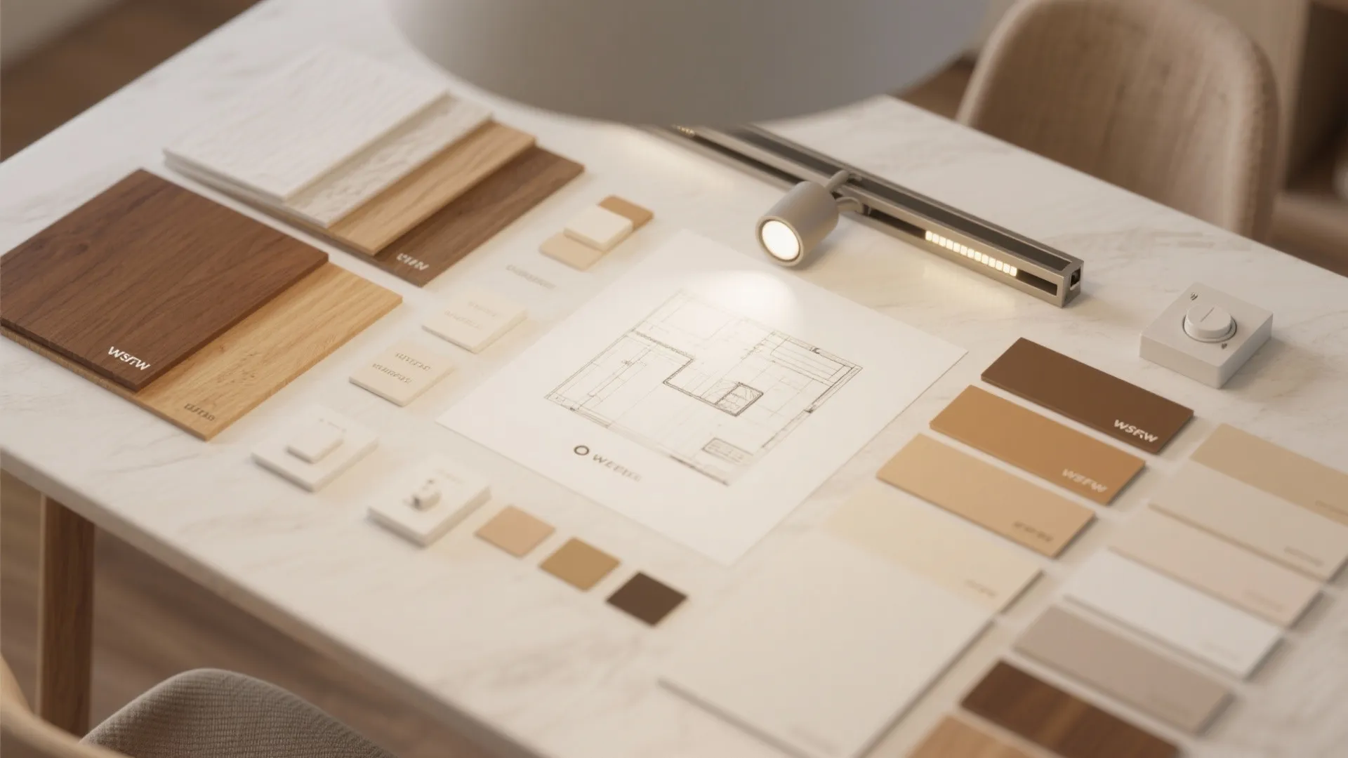 Flatlay of material samples, paint chips, LED track head and a sketch for planning small dining room lighting.