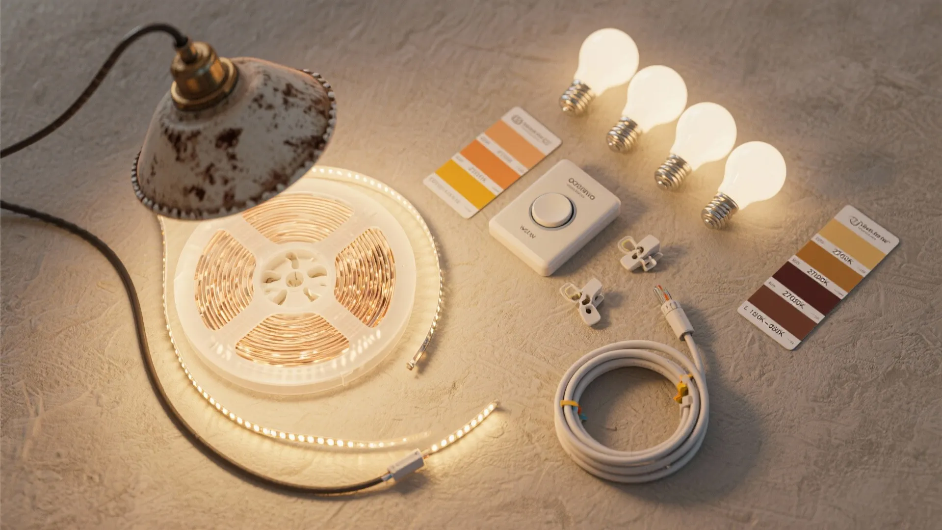 Flatlay of affordable lighting items: LED tape, diffuser, thrifted pendant shade, and a smart dimmer.