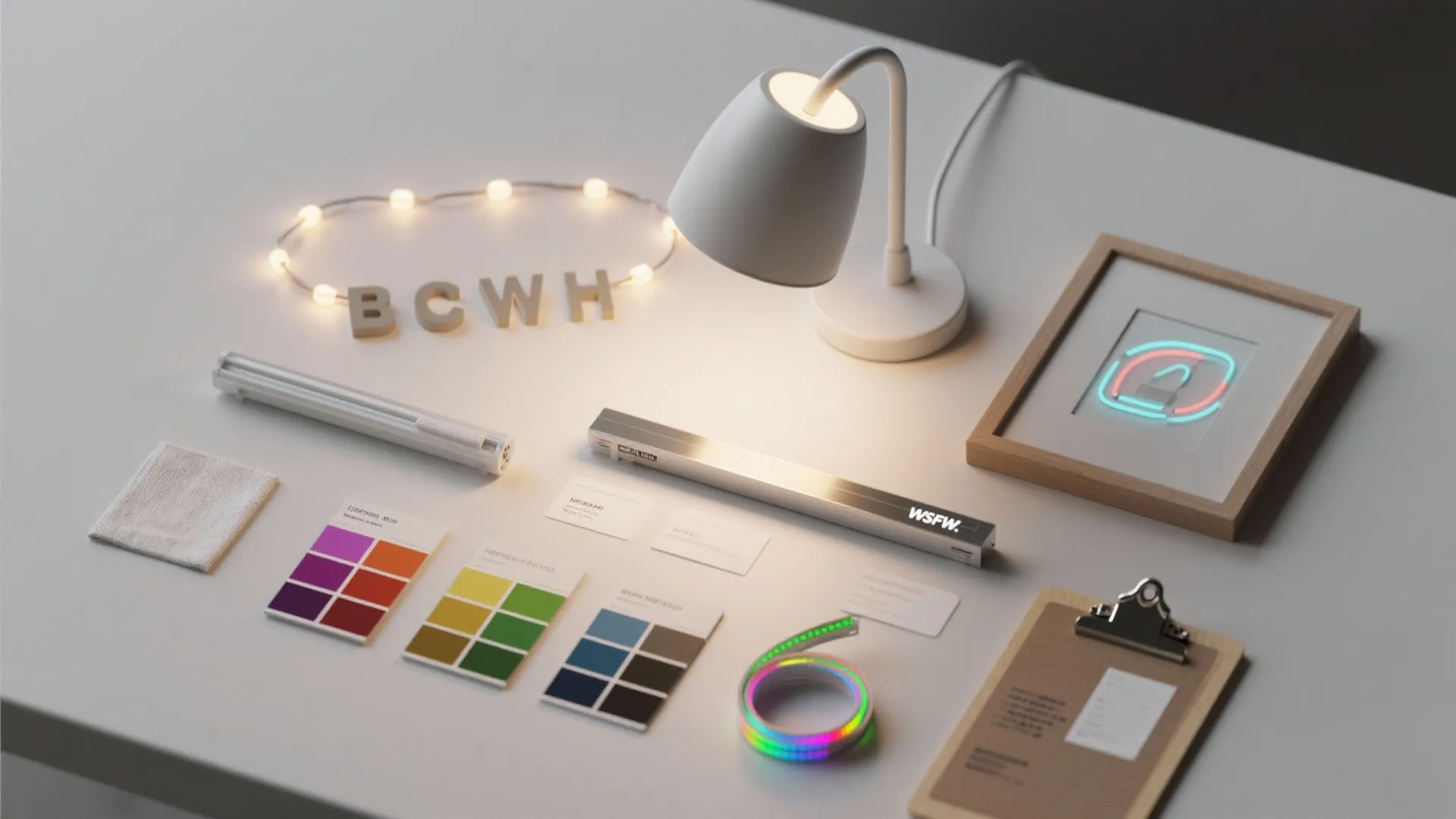 Desk with white lamp color palettes light strips clipboard and picture frame for interior design projects