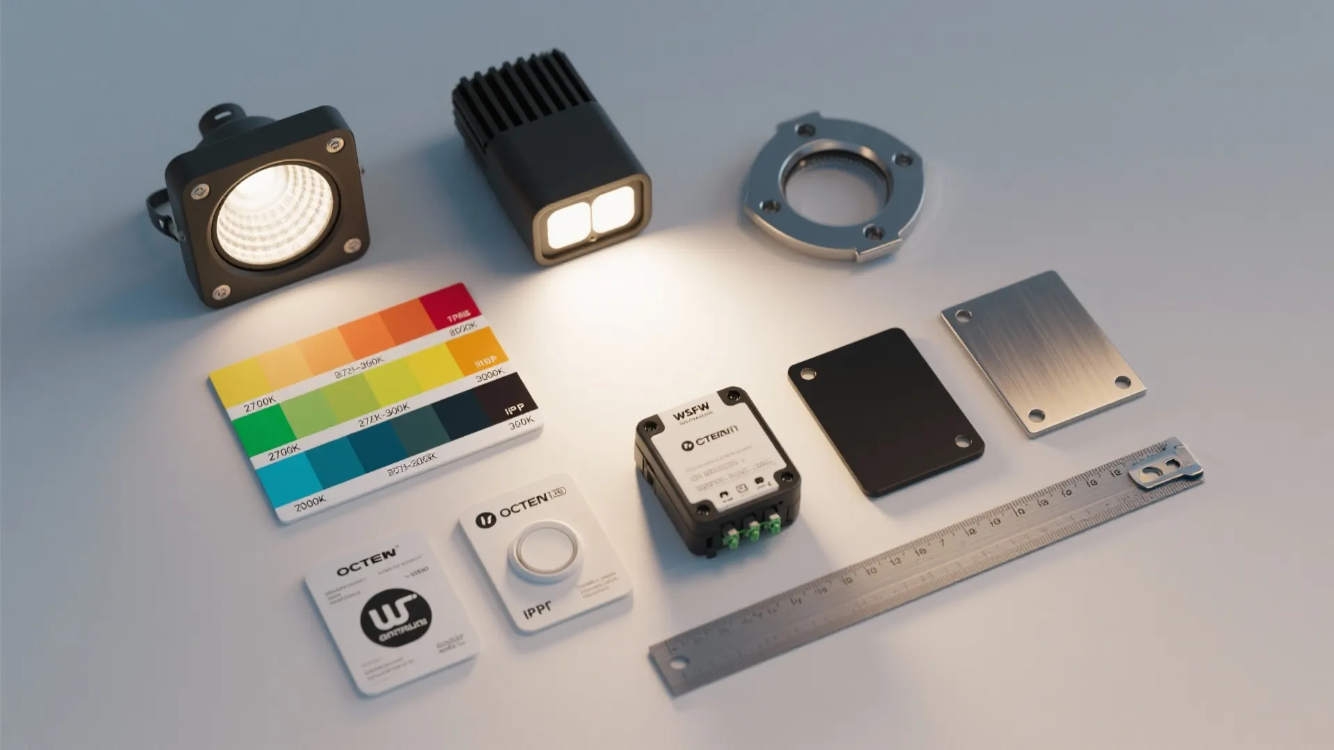 Modern ceiling light fixtures with color cards and measuring ruler on a clean grey background
