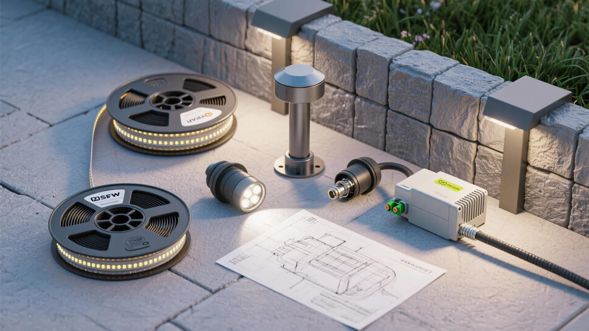 Collection of outdoor LED light strips and garden light fixtures with a paper design drawing