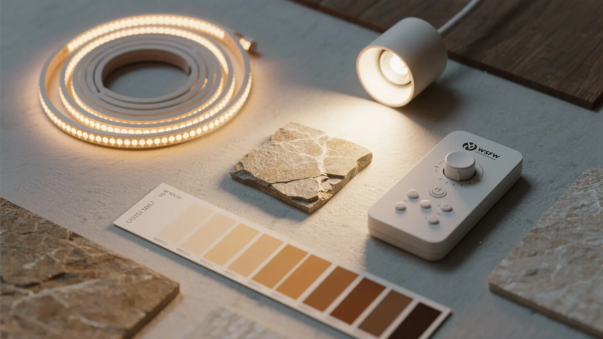 Flatlay of warm LED tape, uplight fixture, dimmer, and stone samples illustrating practical lighting choices for stone walls.