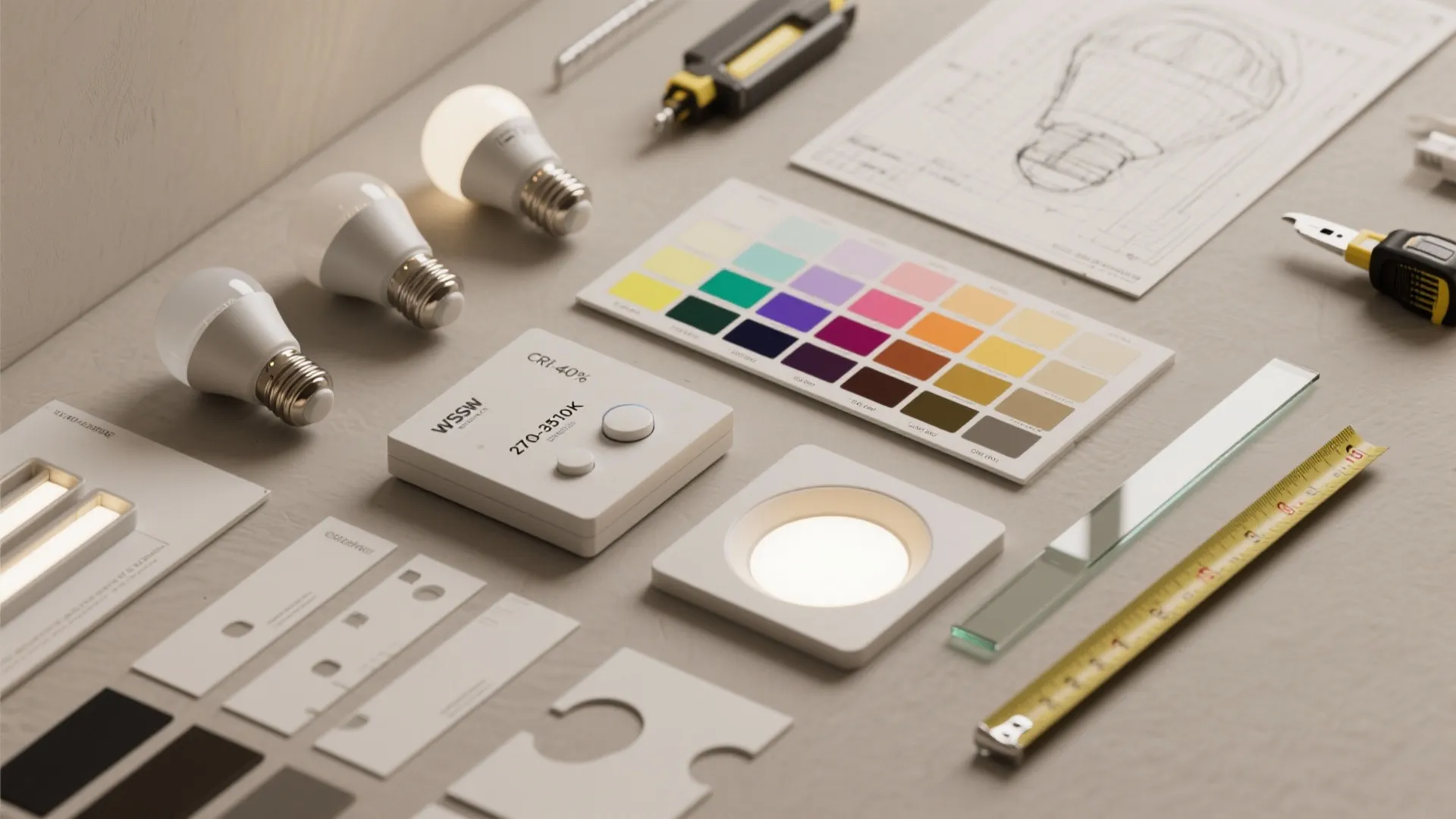 Interior design tools including light bulbs, color palette, ruler, and drawing for home lighting plan