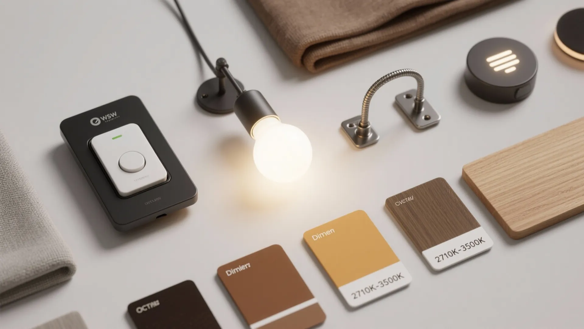Flatlay of lighting design samples: dimmer, bulb temperature samples, adjustable-arm hardware and material swatches.