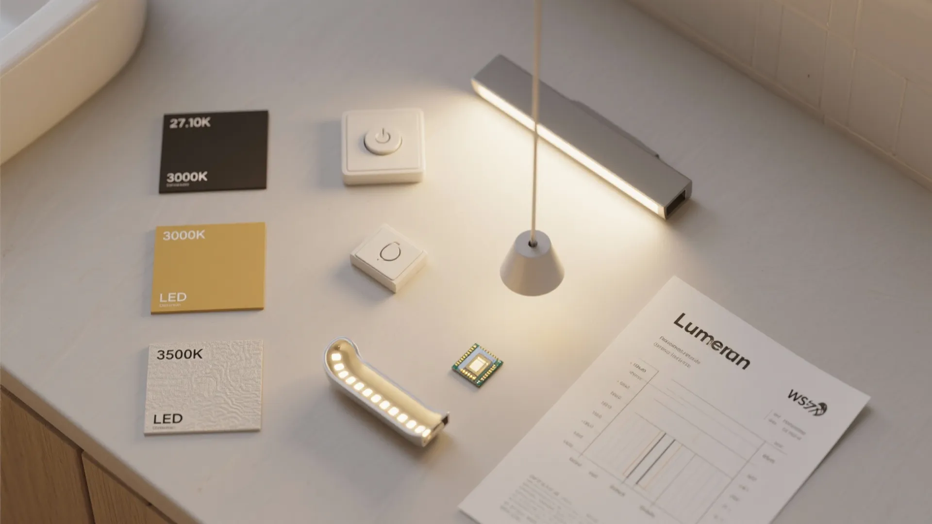 Overhead view of various light fixture components switches led chips and technical documents on white desk