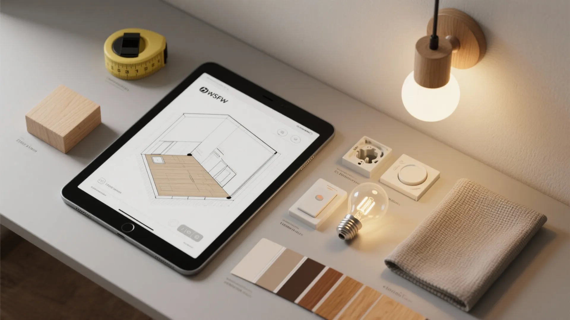 Flatlay of lighting planning tools including 3D planner, measuring tape, plywood block and bulb samples