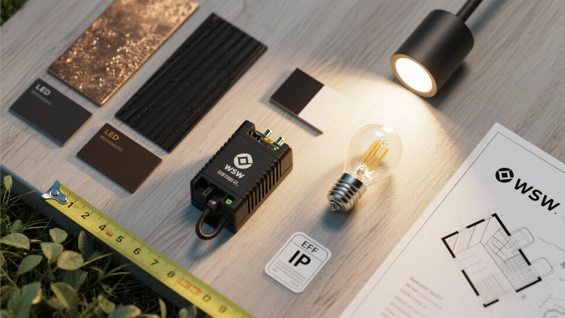 Flatlay of finishes, LED components, and planning tools for outdoor lighting decisions.