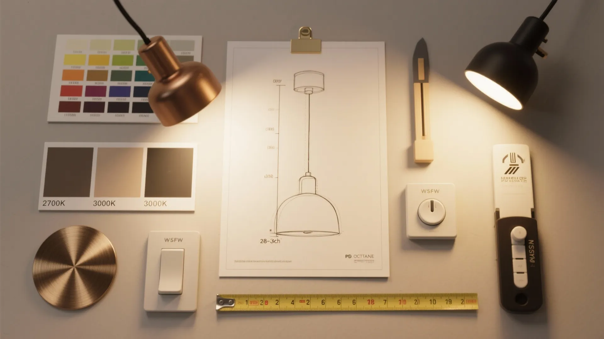 Flatlay of lighting samples, dimmer switch, color temperature swatches and measuring tape for pendant height