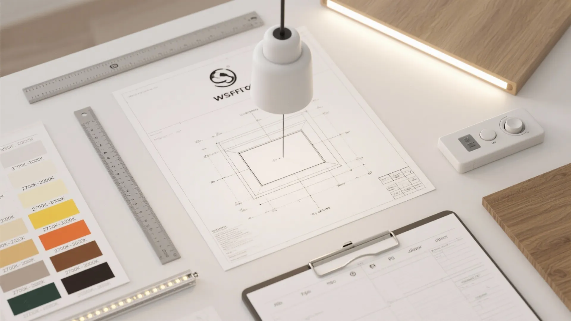 Flatlay of lighting planning tools and color temperature swatches for dining lighting