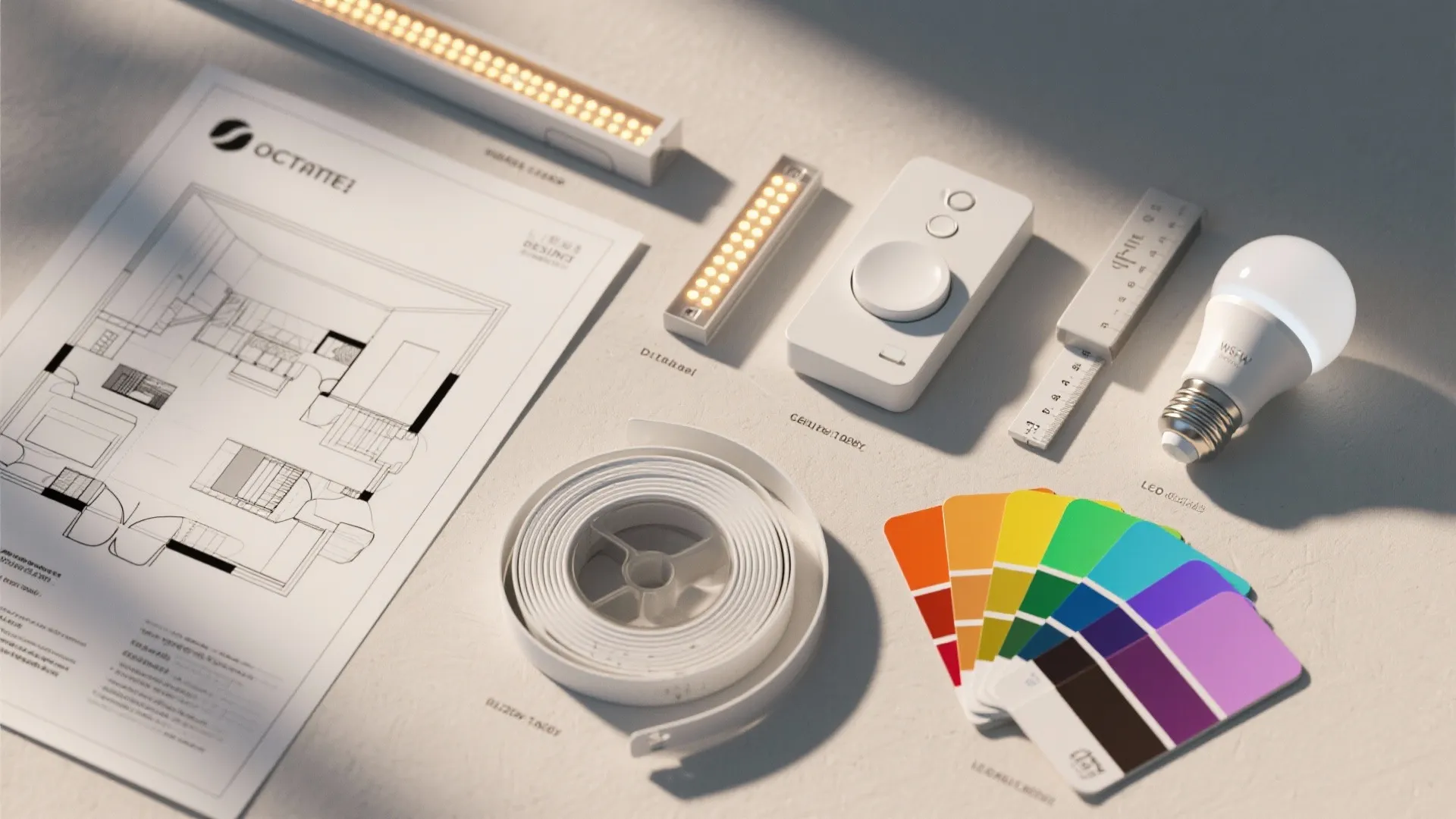 Flatlay of lighting design tools: floorplan, LED strip sample, dimmer, smart bulb and color temperature swatches.