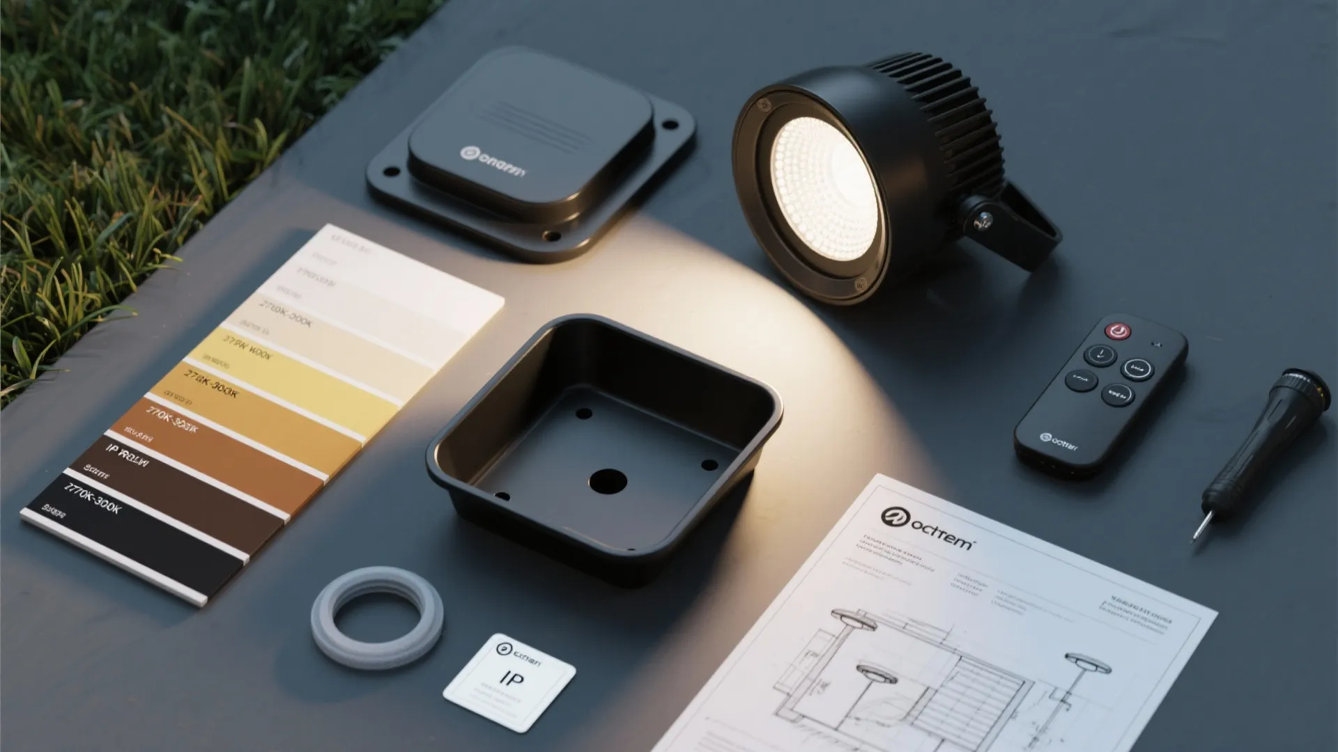 Top-down flatlay of black fixture sample, warm white swatches, IP labels, gasket and sketch plan for outdoor lighting planning.