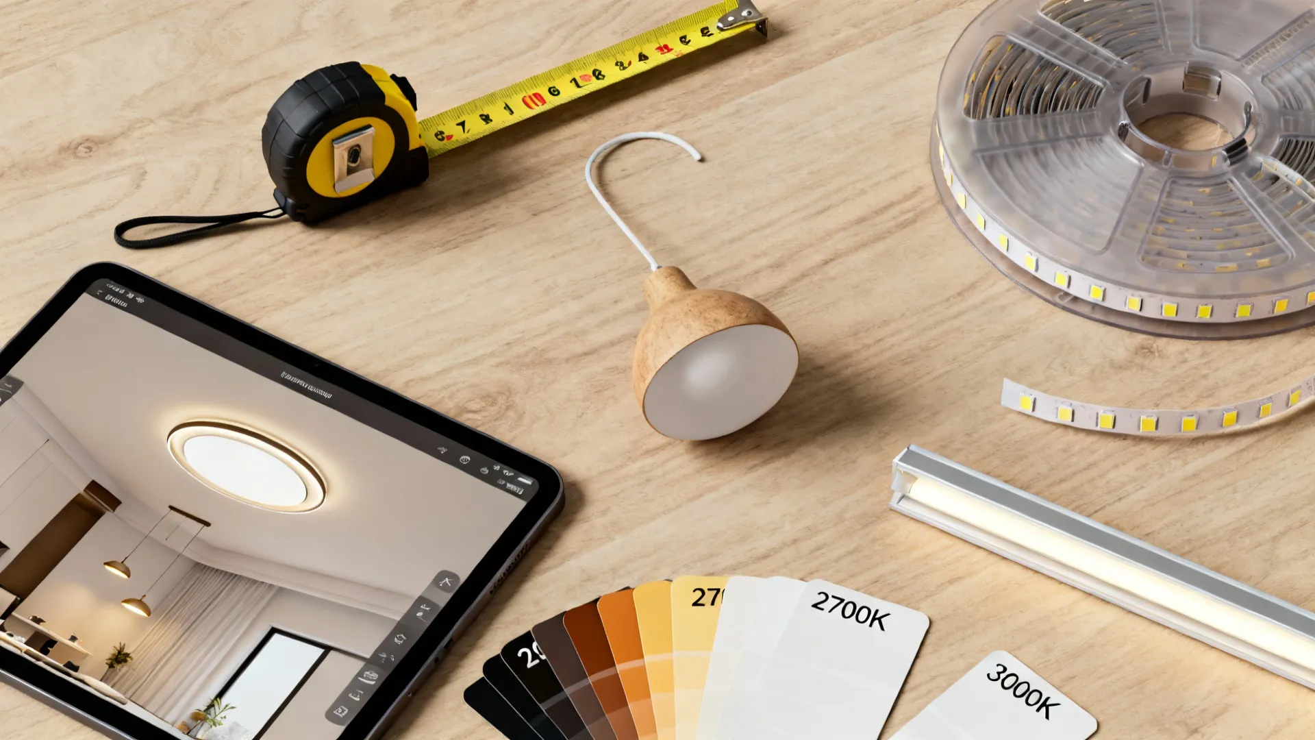 Lighting design tools with tablet showing ceiling light color swatches measuring tape and led strips