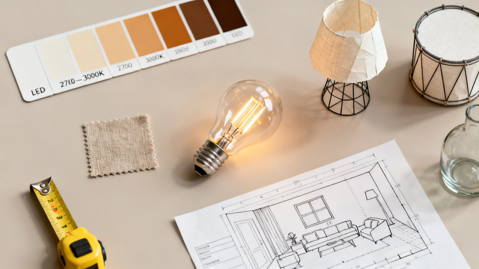 Interior design tools with light bulb tape measure color samples fabric and living room drawing