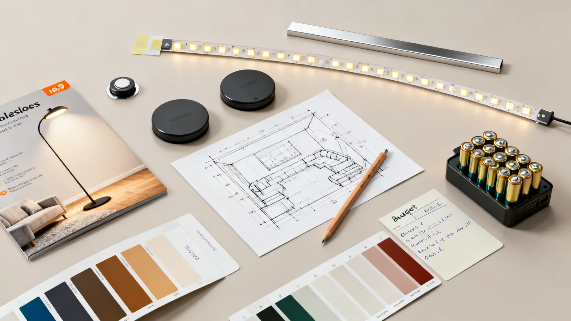 Flatlay of battery lighting samples, room planner sketch, and budget notes for planning layered light