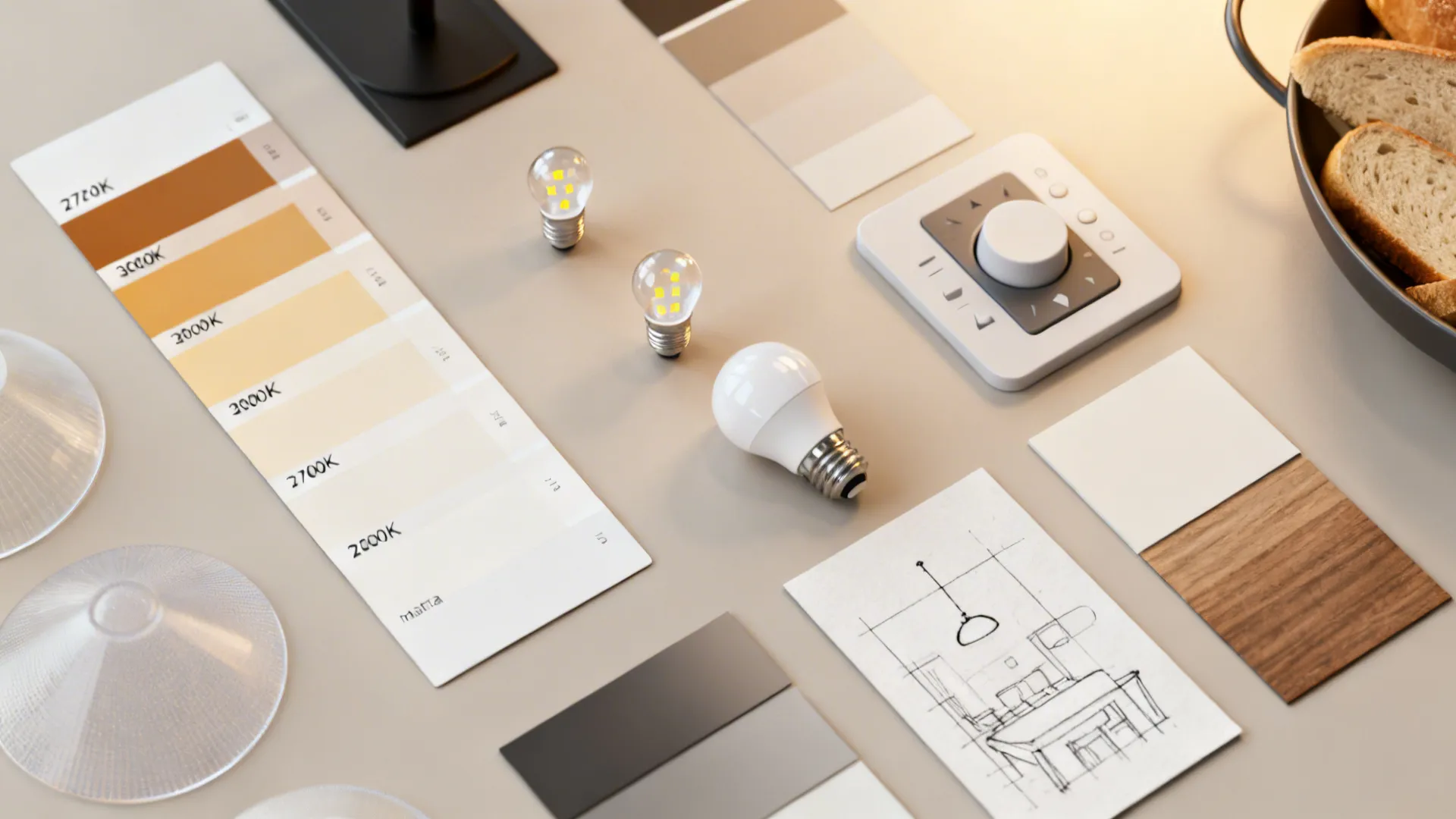 Top-down flatlay of bulbs, color chips, dimmer and material samples for dining lighting