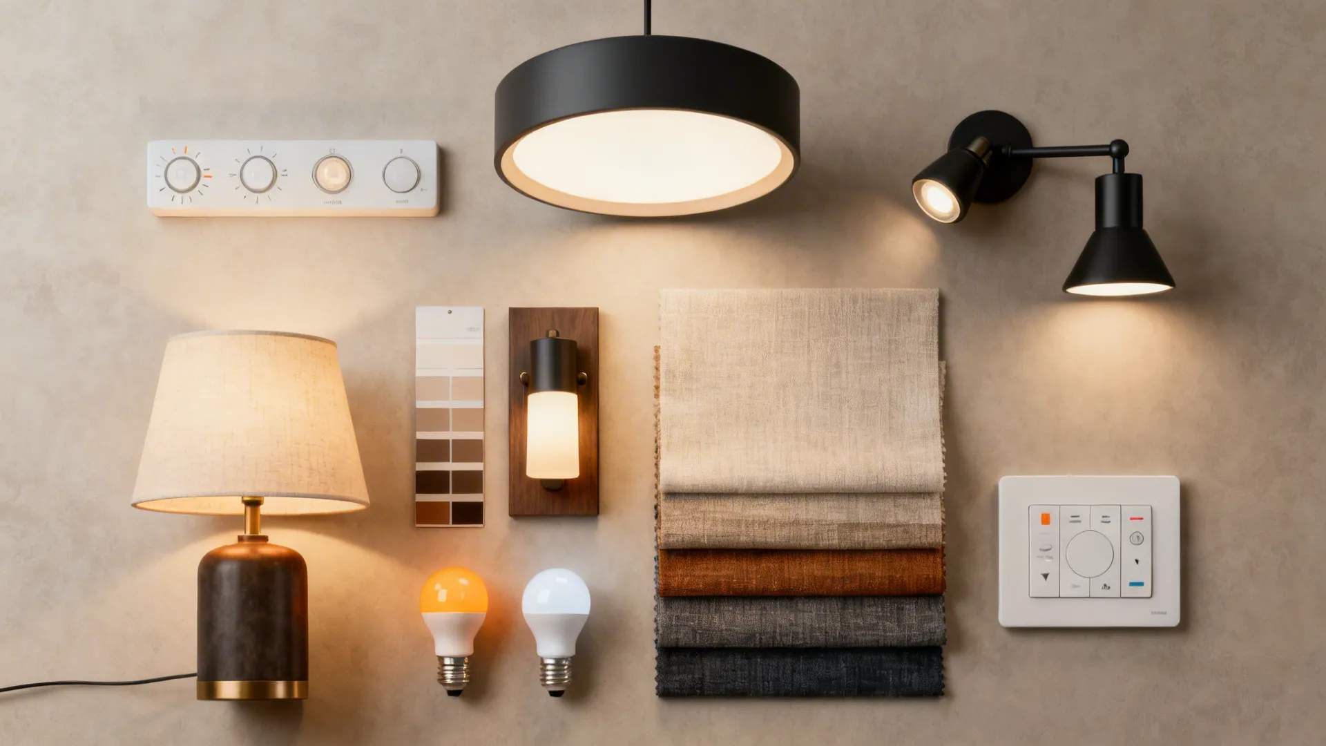 Top-down flatlay of layered lighting options and fabric swatches for a lake house living room