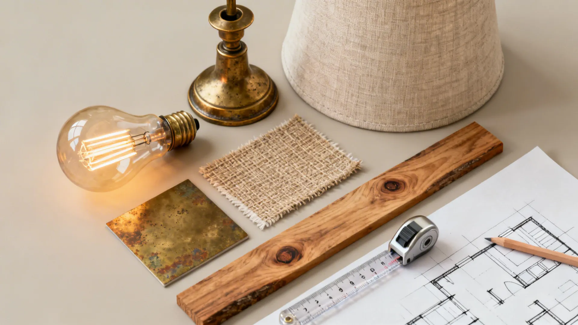 Flatlay of farmhouse lighting materials, warm bulb samples, fabric swatch and wood grain for scale planning.
