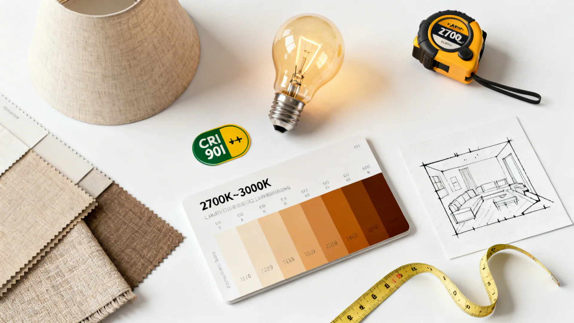 Flatlay with warm bulb samples, CRI label, lampshade and fabric swatches, and a room layout sketch.