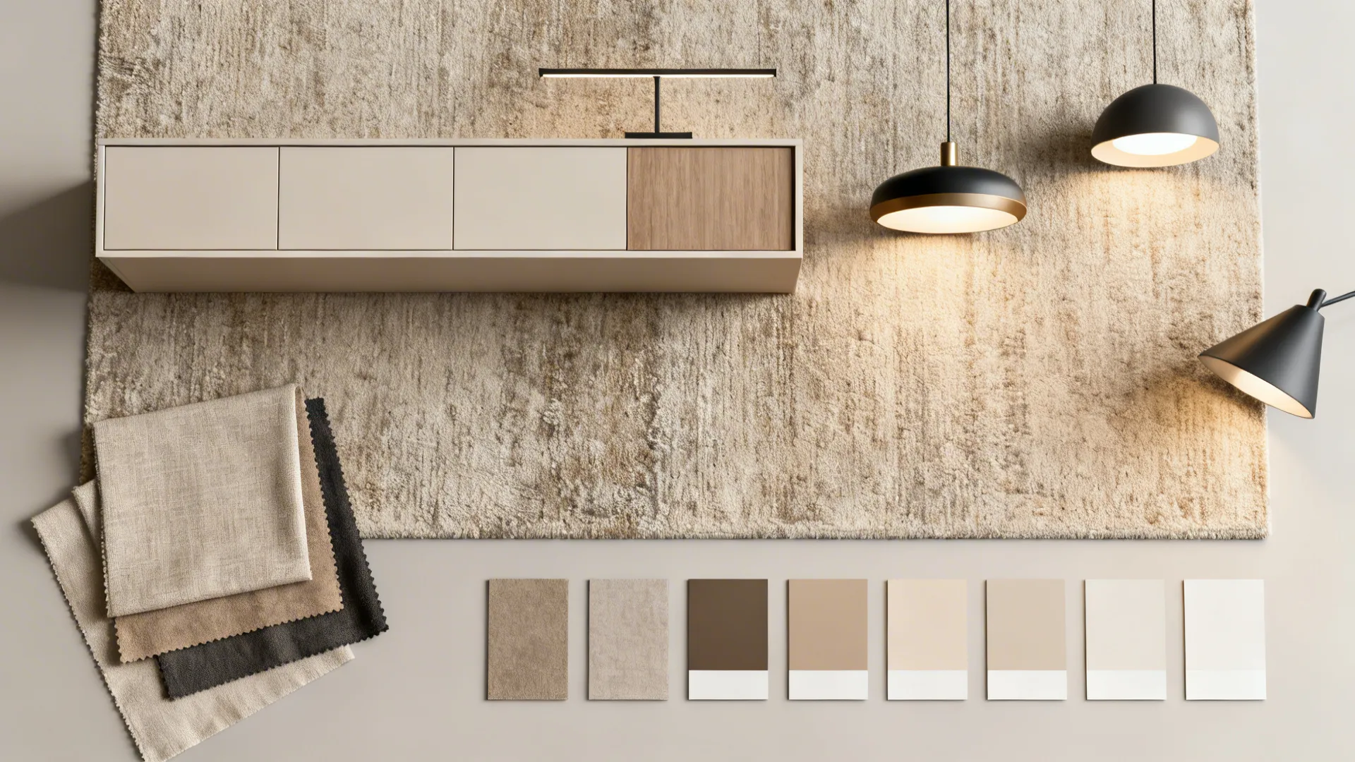 Flatlay of lighting samples, fabric swatches and slim floating cabinet for small TV walls.